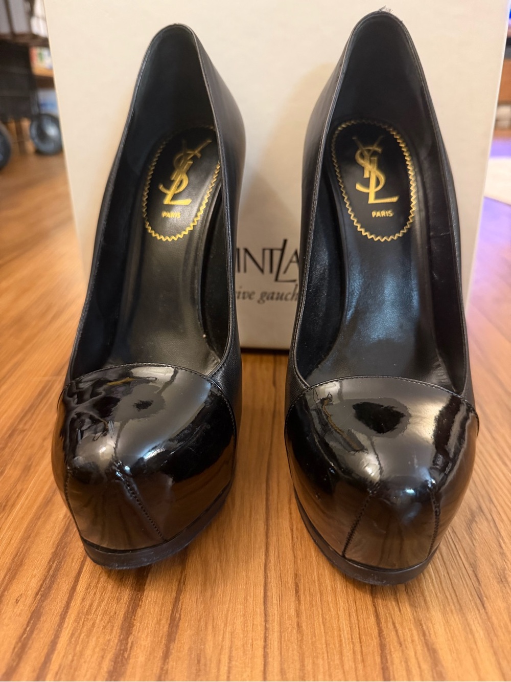 YSL Saint Laurent Black Tribtoo Leather Cap Toe Platform Stiletto Pumps - Picture 2 of 10